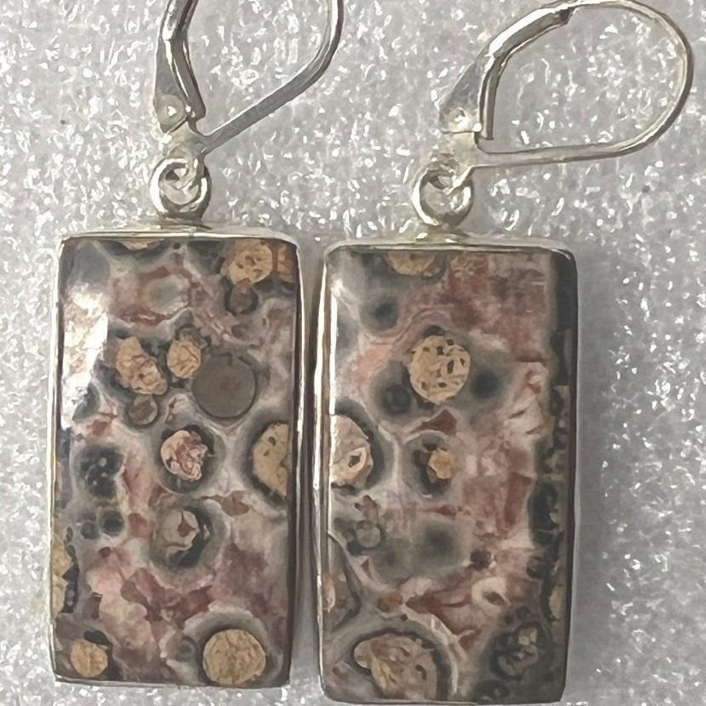 Vintage Sterling Silver Jasper Earrings Leopard Skin Rectangular Lever Back